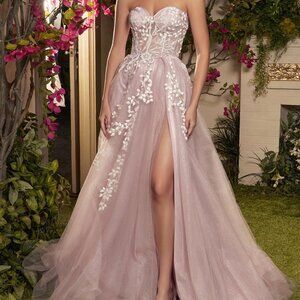 Mauve Color Prom Party Evening CORSET STRAPLESS FLORAL APPLIQUE A-LINE GOWN 1029